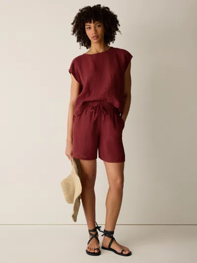 Eileen Fisher Puckered Organic Linen Stripe Shorts In Sun Dried Tomato