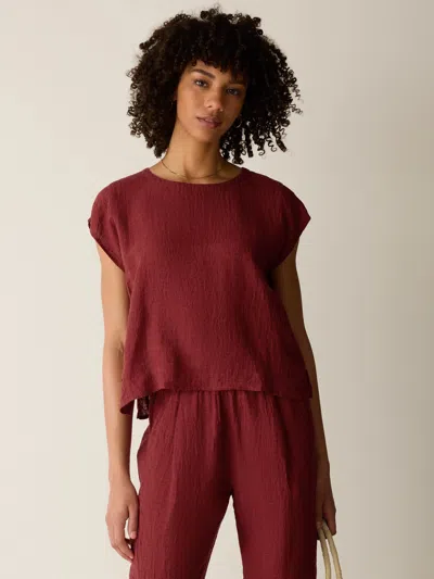 Eileen Fisher Puckered Organic Linen Stripe Square Top In Red