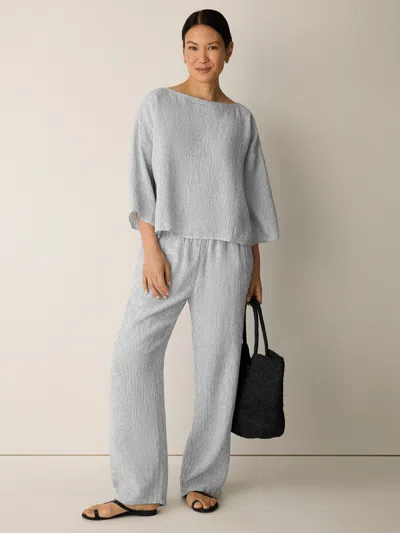 Eileen Fisher Puckered Organic Linen Stripe Straight Pant In White/black