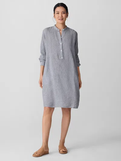 Eileen Fisher Puckered Organic Linen Stripe Band Collar Shirtdress In Black