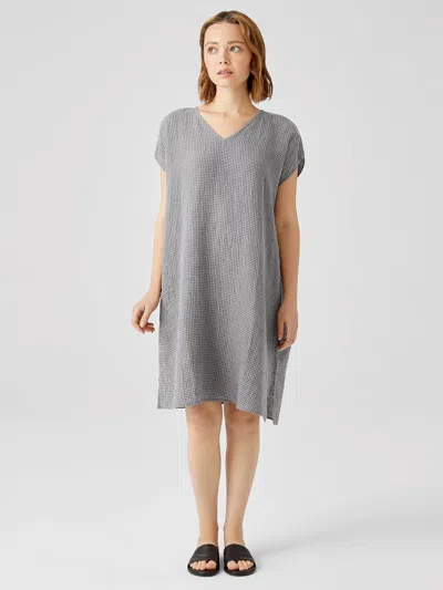 Eileen Fisher Puckered Organic Linen V-neck Dress In Gray