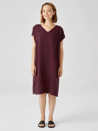 Eileen Fisher Puckered Organic Linen V-neck Dress In Burgundy