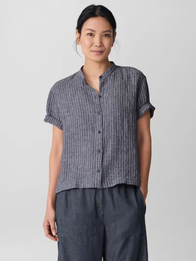 Eileen Fisher Puckered Organic Linen Band Collar Shirt In White