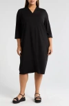 Eileen Fisher Quarter Sleeve V-neck Midi Dress In Black