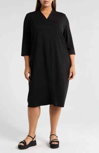 Eileen Fisher Quarter Sleeve V-neck Midi Dress In Black