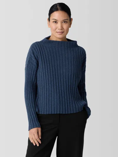 Eileen Fisher Recycled Wool Cashmere Funnel Neck Top In Blue