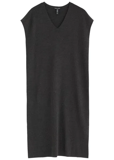 Eileen Fisher Ribbed Wool Midi Jumper Dress In Charcoal