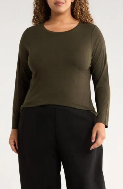 Eileen Fisher Round Neck Long Sleeve T-shirt In Brown