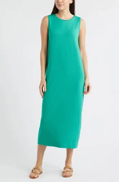 Eileen Fisher Round Neck Oval Stretch Sleeveless Midi Dress In Green