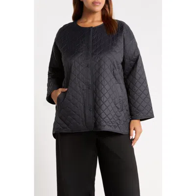 Eileen Fisher Round Neck Quilted Short Coat In Black