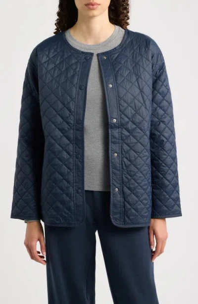 Eileen Fisher Nylon Round Neck Quilted Short Coat In Blue