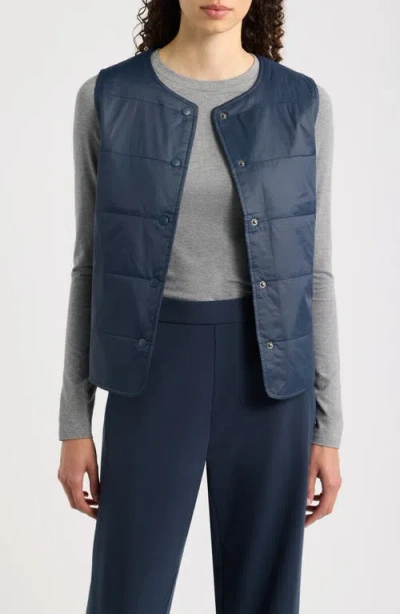 Eileen Fisher Round Neck Quilted Vest In Maritime