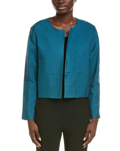 Eileen Fisher Round Neck Quilted Silk Jacket In Blue