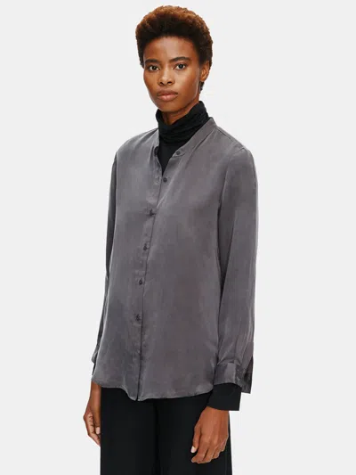 Eileen Fisher Sandwashed Cupro Mandarin Collar Shirt In Gray