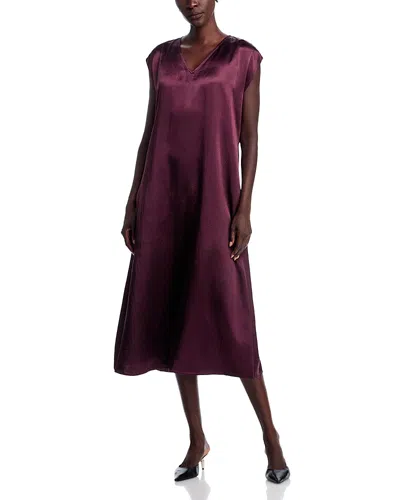 Eileen Fisher Satin V Neck Cap Sleeve Midi Dress In Burgundy