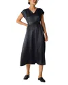 Eileen Fisher Satin V Neck Cap Sleeve Midi Dress In Blue