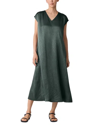 EILEEN FISHER SATIN V NECK CAP SLEEVE MIDI DRESS