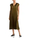 Eileen Fisher Satin V Neck Cap Sleeve Midi Dress In Green