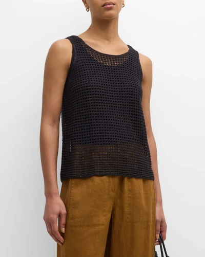 Eileen Fisher Scoop-neck Open-knit Organic Linen Shell In Black