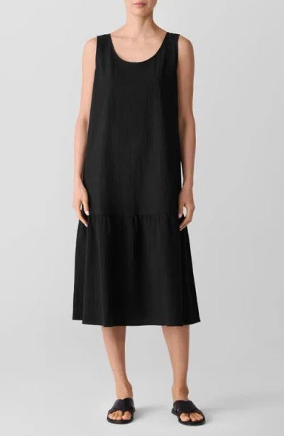 Eileen Fisher Scoop Neck Stretch Organic Cotton Midi Dress In Black