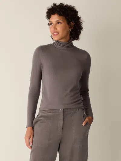 Eileen Fisher Sheer Cotton Blend Knit Turtleneck Top In Brown