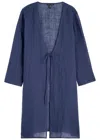 Eileen Fisher Tie Front Longline Organic Linen Jacket In Blue