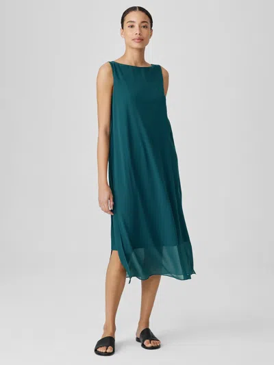 Eileen Fisher Sheer Silk Georgette Bateau Neck Dress In Green