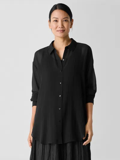 Eileen Fisher Sheer Silk Georgette Belted Shirt In Black