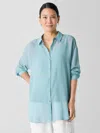 Eileen Fisher Classic Collar Long Silk Button-up Shirt In Blue