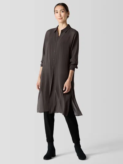 Eileen Fisher Sheer Silk Georgette Classic Collar Long Shirt In Black