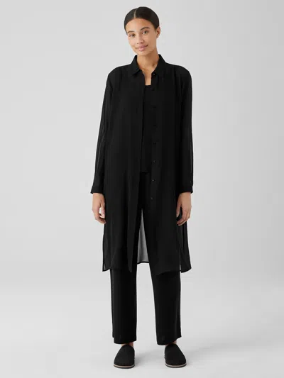 Eileen Fisher Sheer Silk Georgette Classic Collar Long Shirt In Black