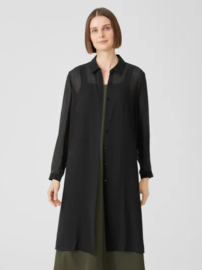 Eileen Fisher Sheer Silk Georgette Classic Collar Long Shirt In Black