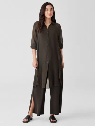 Eileen Fisher Sheer Silk Georgette Classic Collar Long Shirt In Green