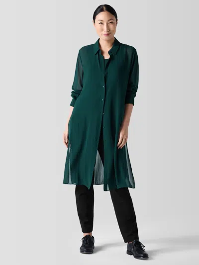 Eileen Fisher Sheer Silk Georgette Classic Collar Long Shirt In Green