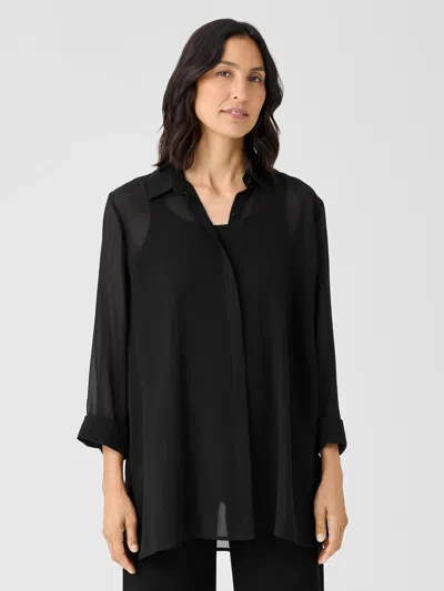 Eileen Fisher Sheer Silk Georgette Classic Collar Shirt In Black