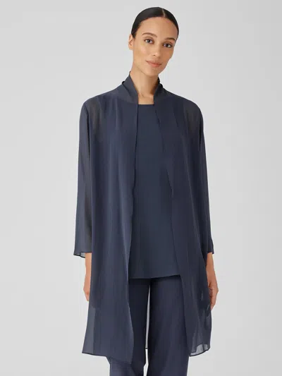 Eileen Fisher Sheer Silk Georgette High Collar Jacket In Blue
