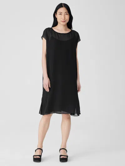 Eileen Fisher Sheer Silk Georgette Layered Dress In Black