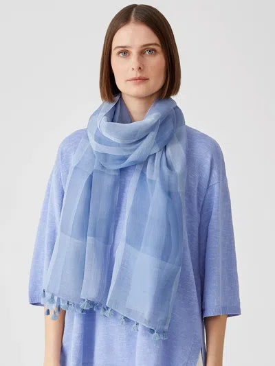 Eileen Fisher Sheer Silk Organic Cotton Grid Scarf In Blue