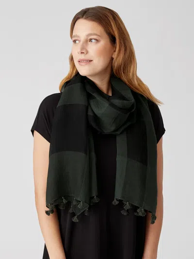 Eileen Fisher Sheer Silk Organic Cotton Grid Scarf In Green