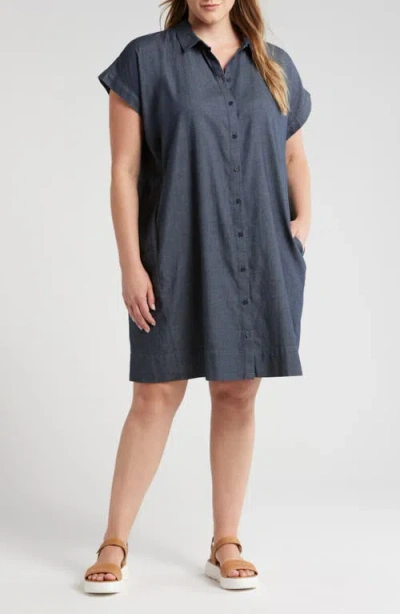 Eileen Fisher Short Sleeve Organic Cotton Chambray Shirtdress In Denim