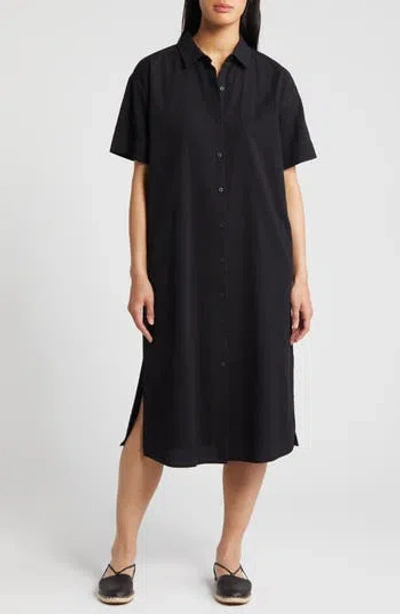 Eileen Fisher Short Sleeve Organic Cotton Midi Shirtdress In Black
