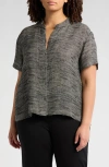 Eileen Fisher Short Sleeve Organic Linen Blend Button-up Shirt In Gray