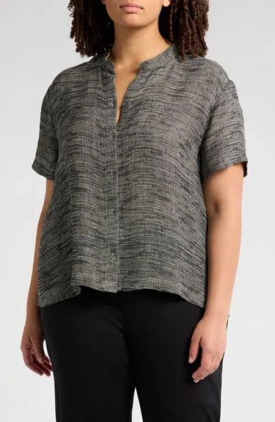 Eileen Fisher Short Sleeve Organic Linen Blend Button-up Shirt In Black/natural