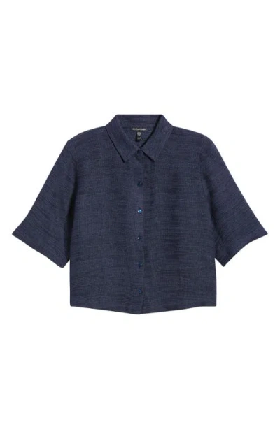 Eileen Fisher Short Sleeve Organic Linen Blend Button-up Shirt In Blue