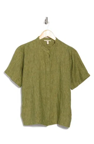 Eileen Fisher Short Sleeve Organic Linen Button-up Shirt In Green