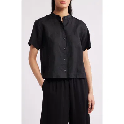 Eileen Fisher Short Sleeve Organic Linen Button-up Shirt In Black
