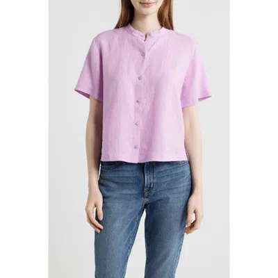 Eileen Fisher Short Sleeve Organic Linen Button-up Shirt In Pattern