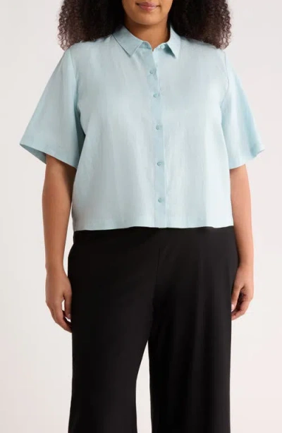 Eileen Fisher Short Sleeve Organic Linen Button-up Shirt In Blue
