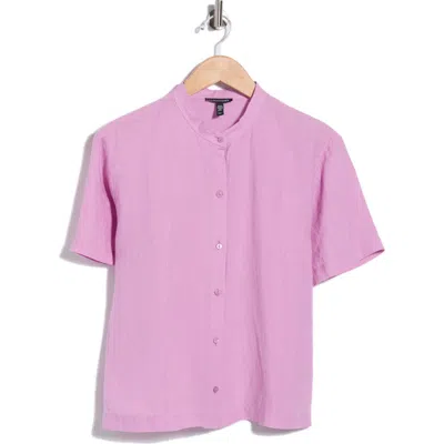 Eileen Fisher Short Sleeve Organic Linen Button-up Shirt In Purple
