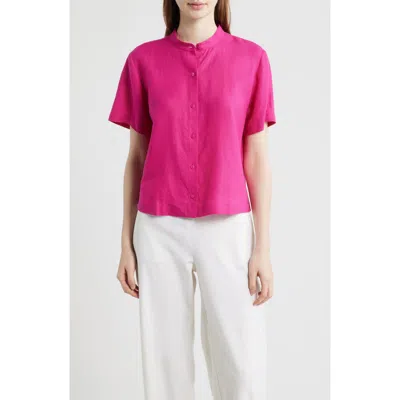 Eileen Fisher Short Sleeve Organic Linen Button-up Shirt In Fusch